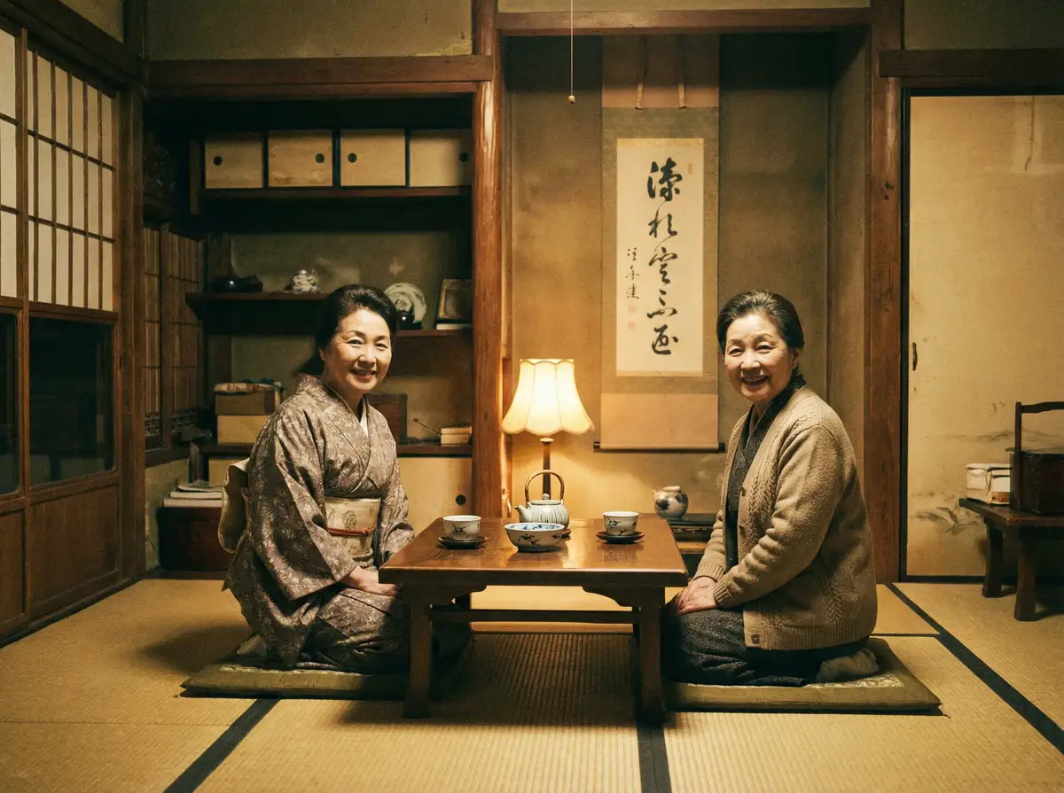 两位优雅的 华体育会平台 在日式茶室中品茶交谈